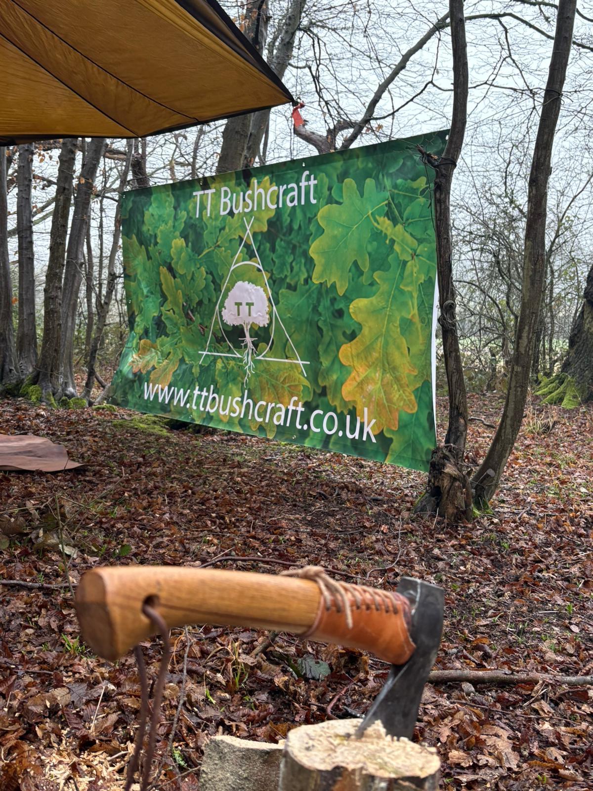 An axe resting in a log in quiet woodland